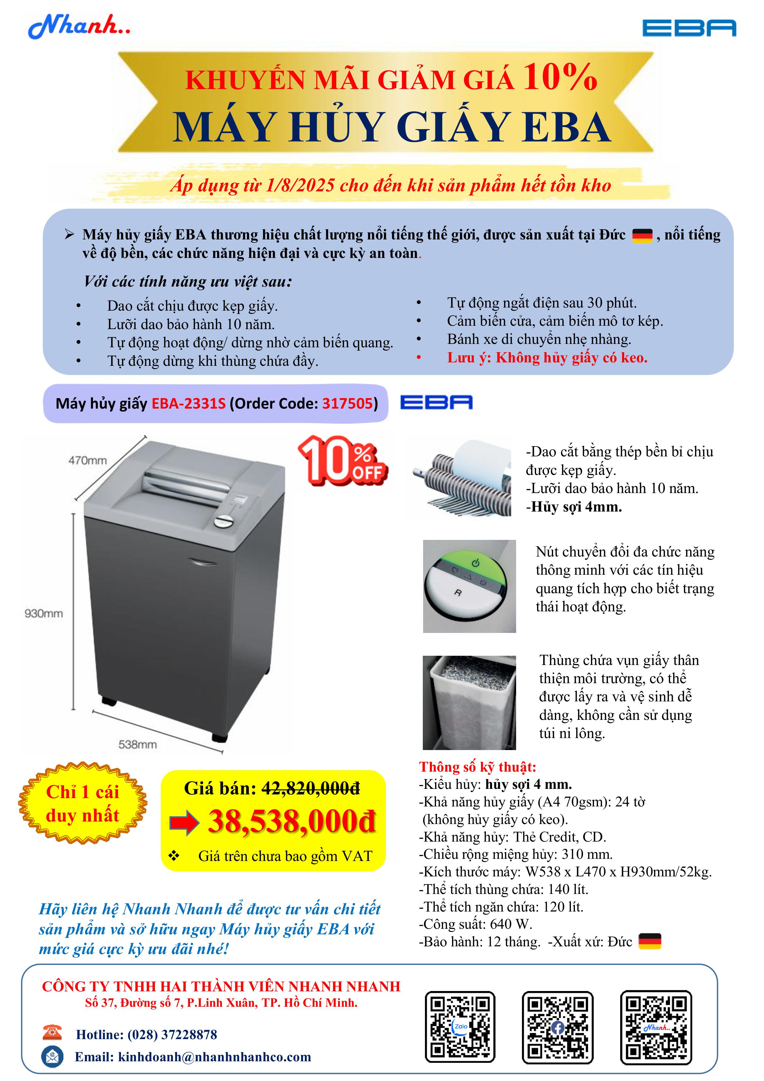 THÁNG 09 - GIẢM NGAY ĐẾN 10% MÁY HỦY GIẤY EBA  THƯƠNG HIỆU NỔI TIẾNG ĐẾN TỪ ĐỨC